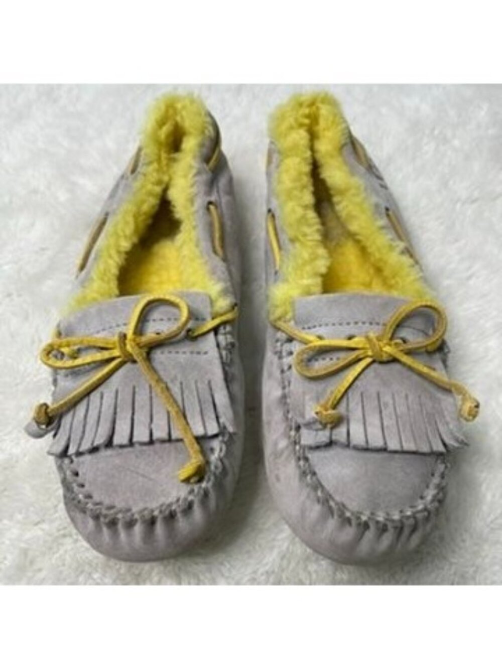 UGG Mandie Moccasin Slippers Grey Suede Yellow Sheepskin Fur Fringe Women's 9